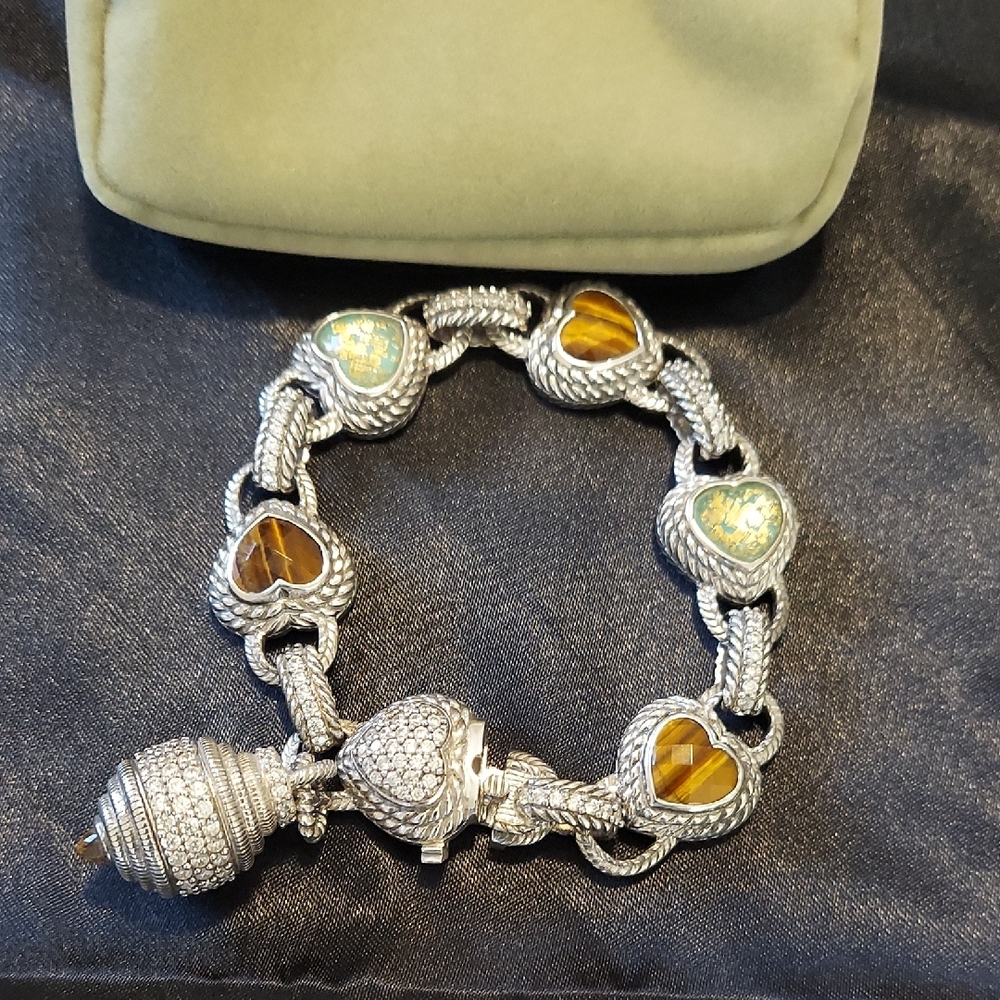 Judith Ripka Tiger's Eye, Heart-shaped, Sterling Silver Bracelet 7-1/2 Inches